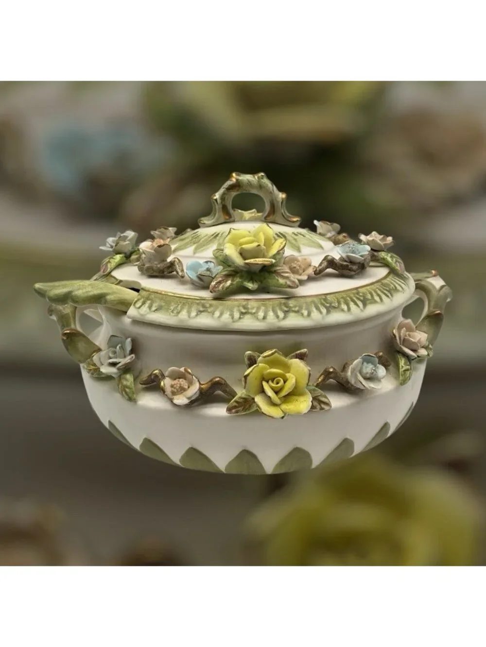 Lenwile Ardalt Fine Tureen, Lid and Ladle Set # 7004 Capodimonte Style Flowers